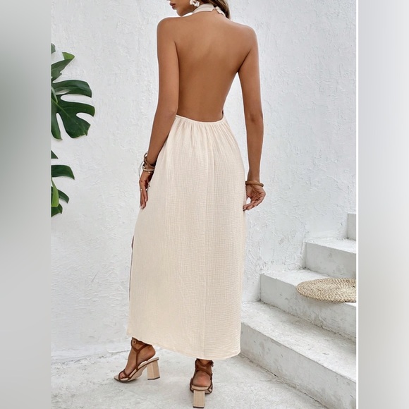 Cotton Split Thigh Halter Backless Dress - Picture 2 of 5